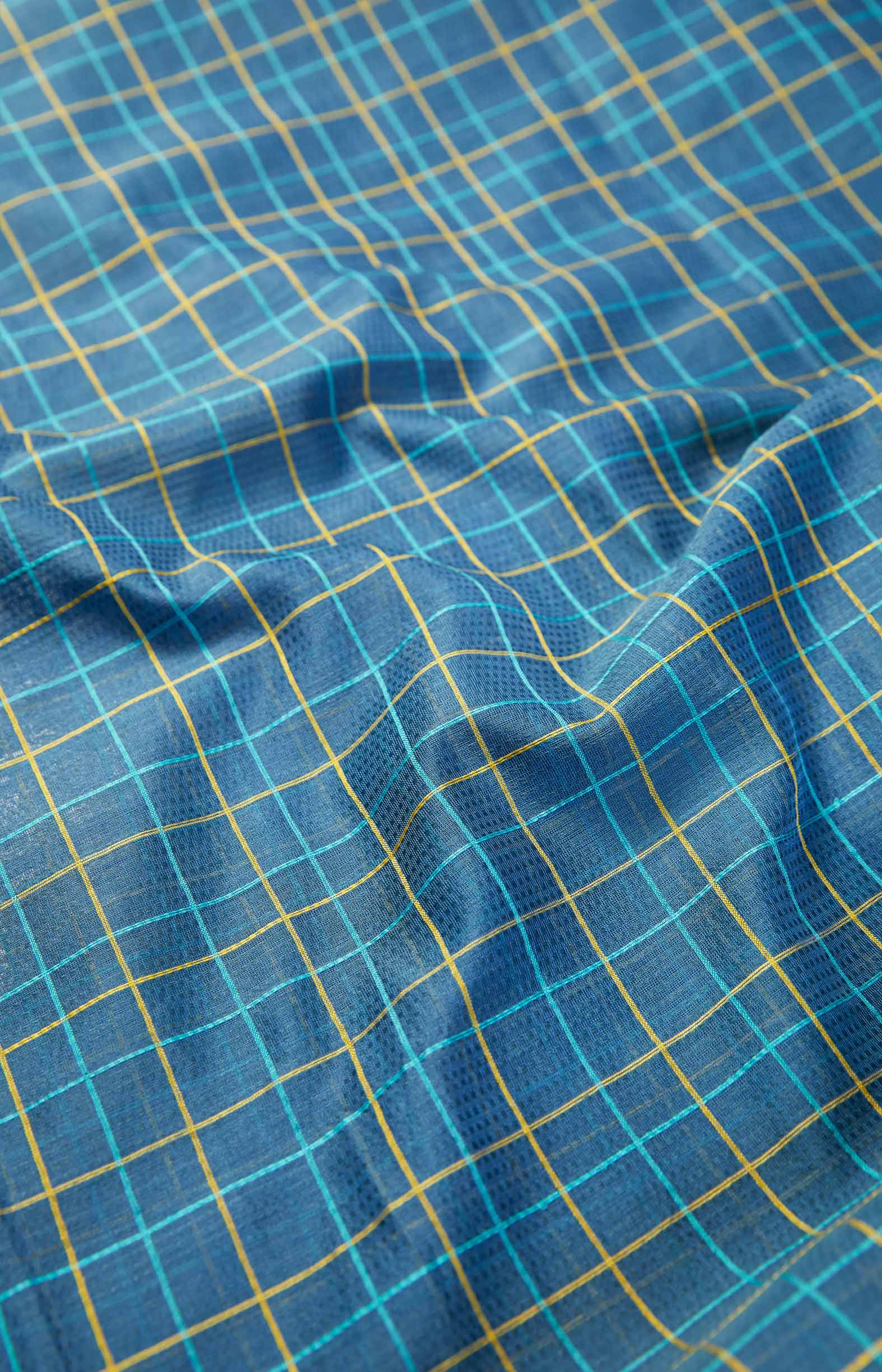 Blue, Handwoven Organic Cotton, Textured Weave , Jacquard, Work Wear, Checked Saree